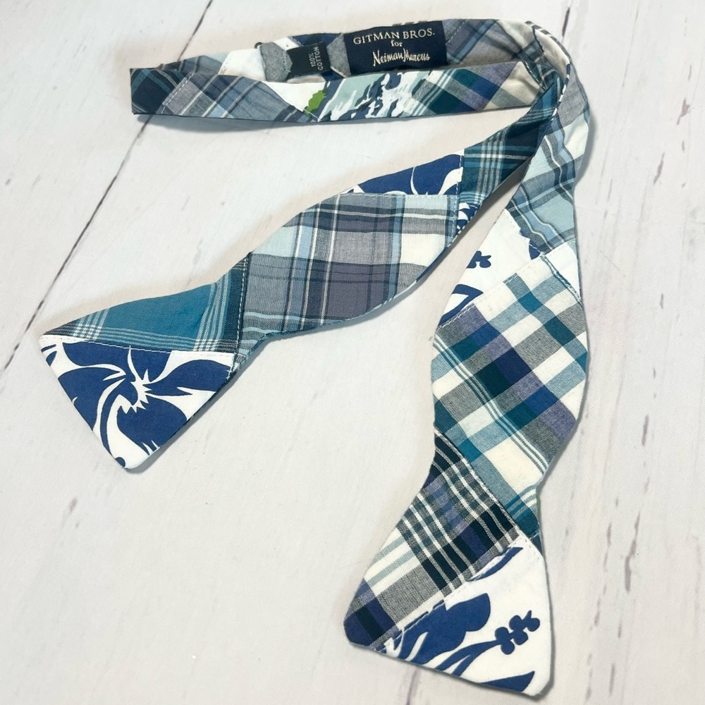 Gitman Brothers Neiman Marcus Blue White Tropical Plaid Self Tie Bow tie